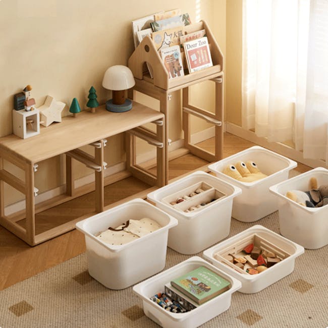 Micah Wooden Kids Toys Storage - Set of 3 - 6 - Wooden desk with various items, including a birdhouse, books, and toys, soft