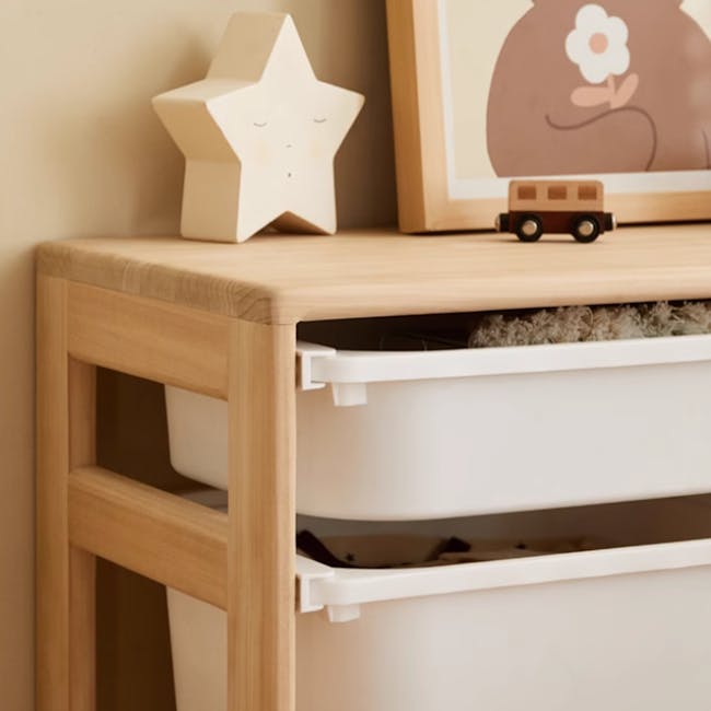 Micah Wooden Kids Toys Storage - Set of 3 - 10 - Wooden nightstand, minimalist design, white storage bins, small wooden