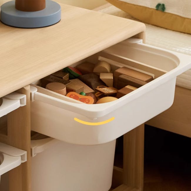 Micah Wooden Kids Toys Storage - Set of 3 - 11 - Wooden side table with blue circular tray, child-friendly storage bin