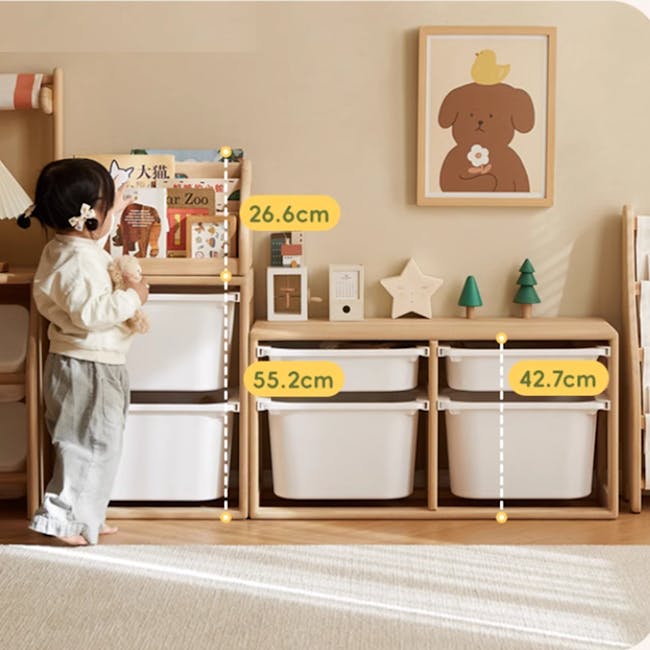 Micah Wooden Kids Toys Storage - Set of 3 - 12 - child standing next to storage bins, measuring bins, 6 cm bin, 2 cm bin, 7