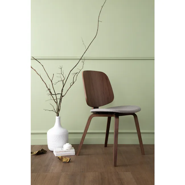 Averie Dining Chair - Cocoa, Dolphin Grey - 3 - modern minimalist interior, wooden chair, white vase, dried branches