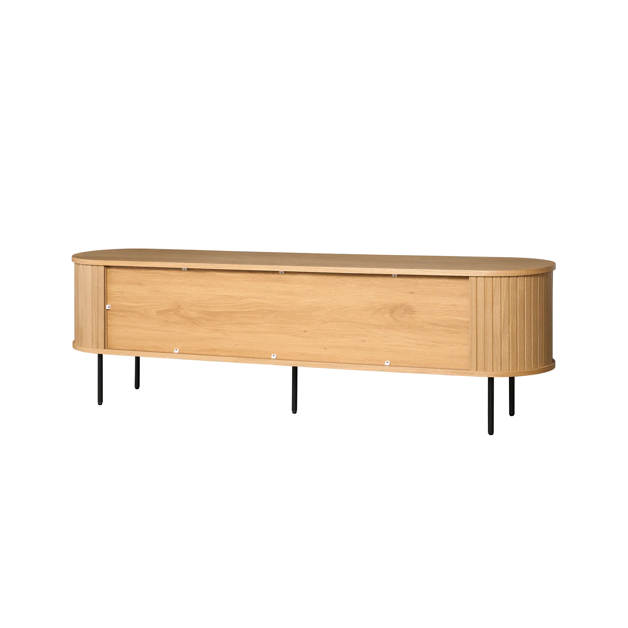 Nola TV Console 1.8m - Oak - 11 - Wooden table with sleek design, circular base, black legs, minimalist style, natural wood