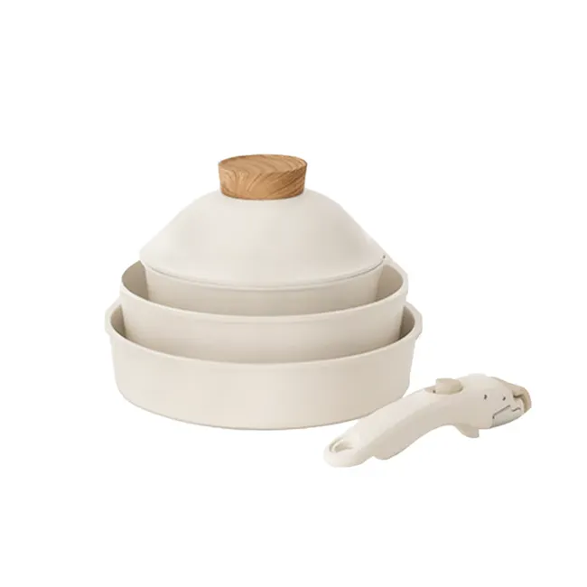 Sodam Nonstick Cookware Set - Cream White - 1 - Wooden dome, ceramic dish, layered containers, minimalist design, white