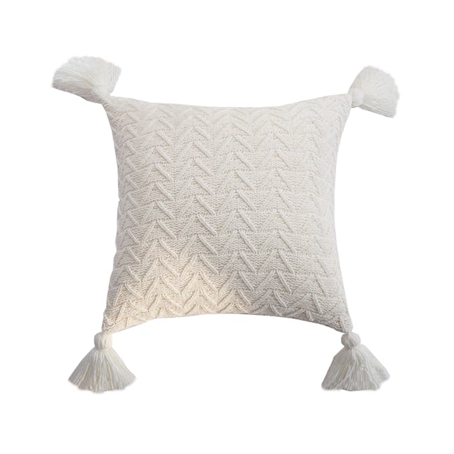 Elly Knitted Cushion Cover with Tassels - Off White - 0