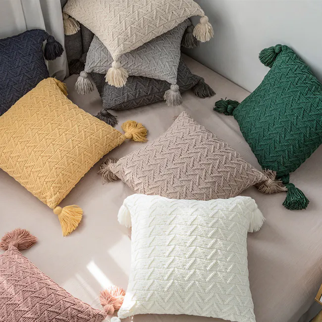 Elly Knitted Cushion Cover with Tassels - Off White - 4 - Cushion pillows in various colors and patterns, including yellow