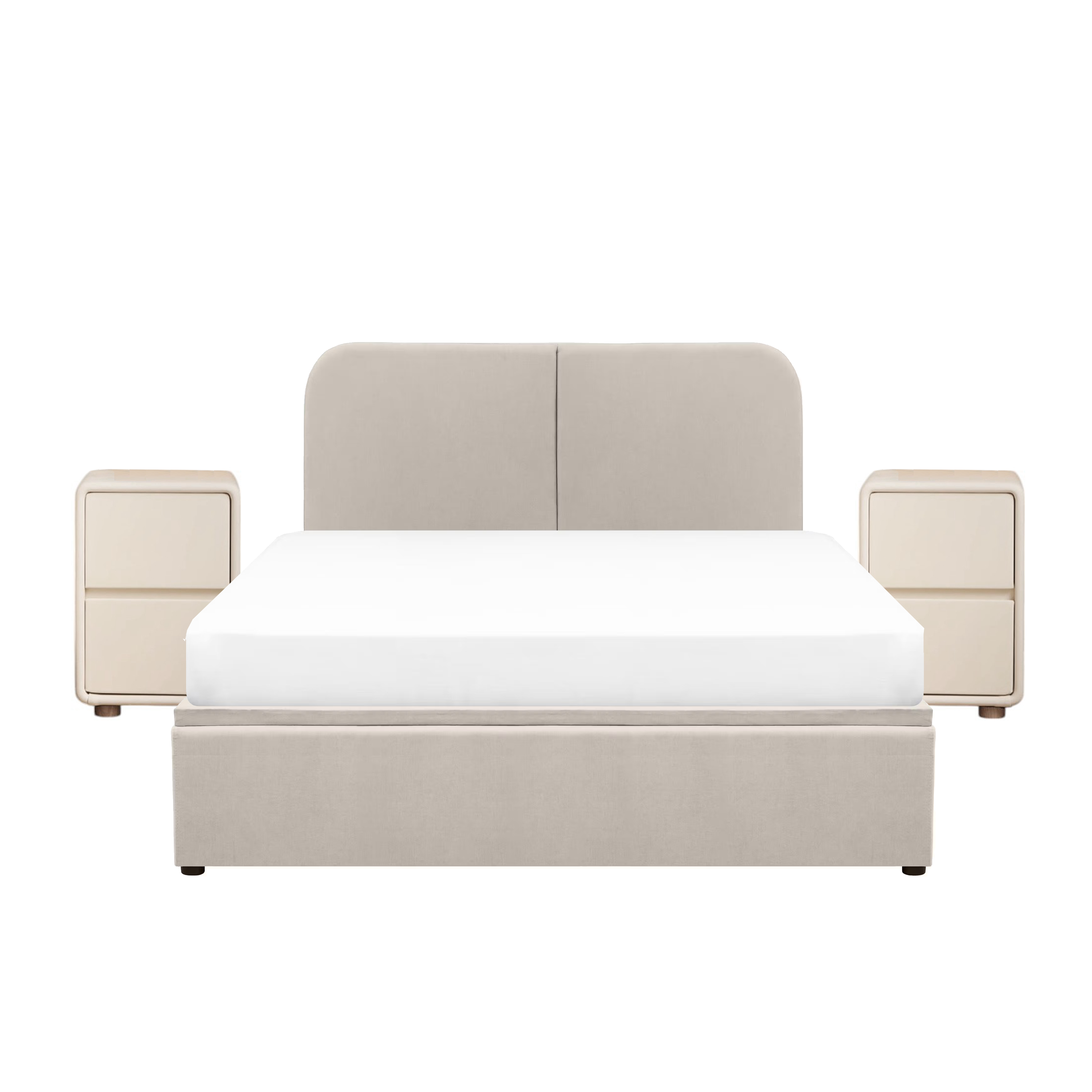 Nolan Queen Storage Bed in Oatmeal with 2 Asher Narrow Bedside Table