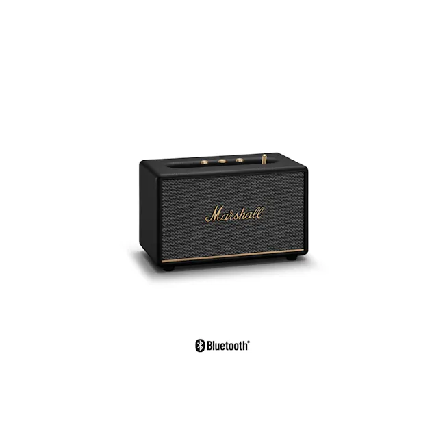 Marshall Acton III - Black - 1 - Black Marshall amplifier, Bluetooth connectivity, sleek design, textured surface, gold