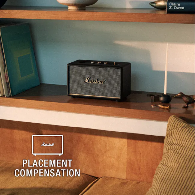 Marshall Acton III - Black - 7 - Marshall speaker, placement compensation, wooden shelf, cozy room, bookshelf, decorative