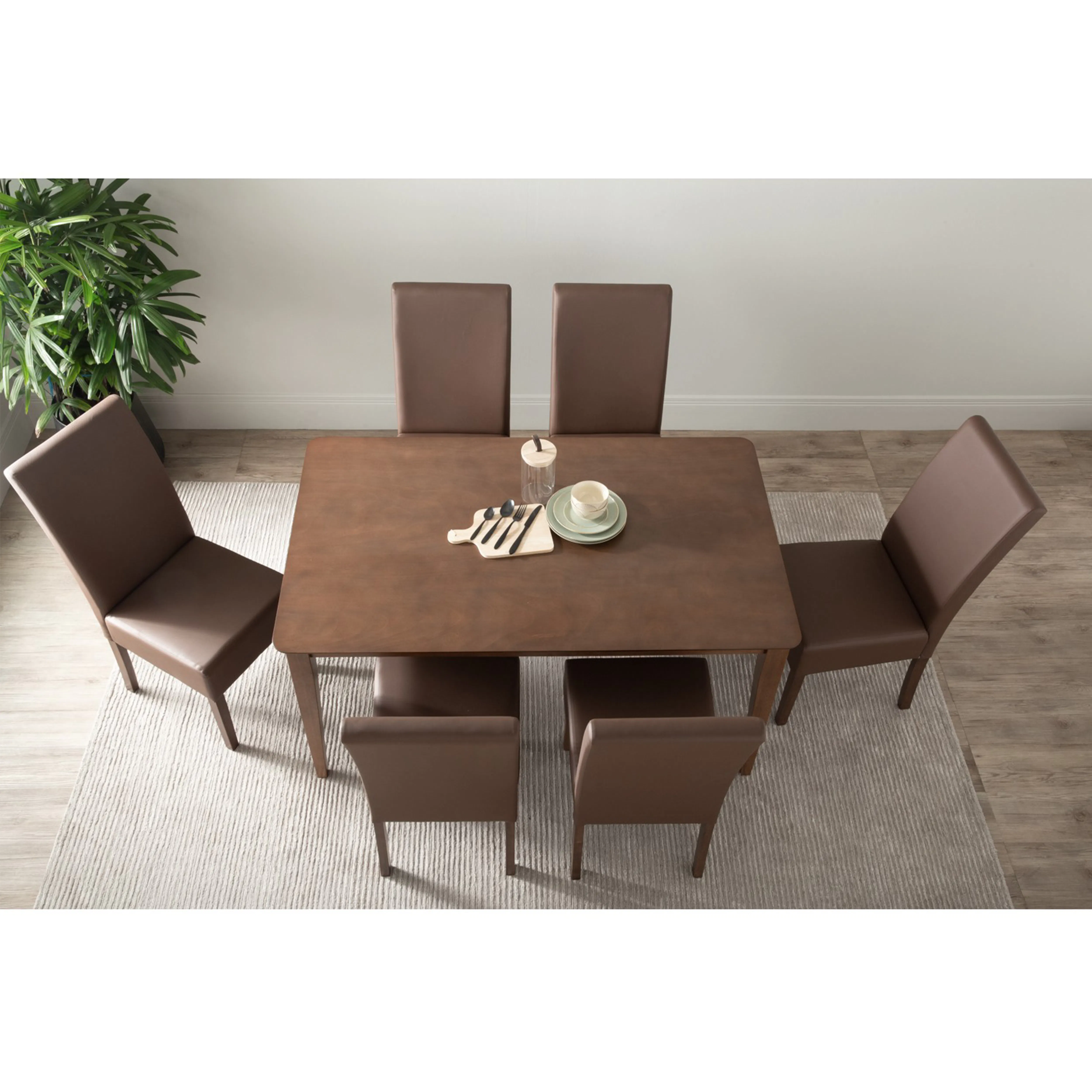 (As-is) Nora Dining Chair - Cocoa, Mocha (Faux Leather) - 3 - 11 - Brown dining table with four brown chairs, minimalist