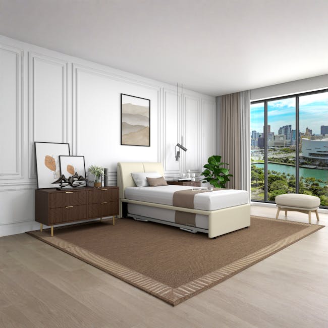 Excel Super Single Trundle Bed - Cream (Faux Leather) - 4 - Modern bedroom with large windows, beige and white color scheme