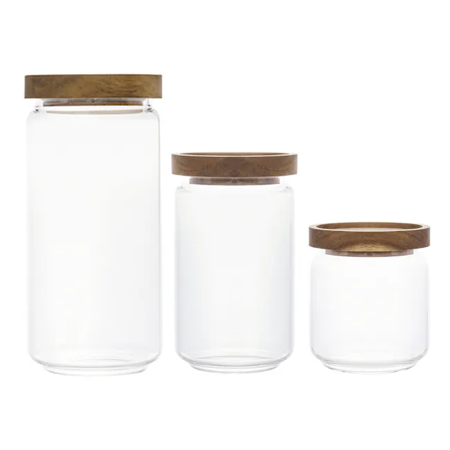 EVERYDAY Glass Jar with Wooden Lid (Set of 3) - 1 - Clear glass jars, wooden lids, minimalist design, simple aesthetic