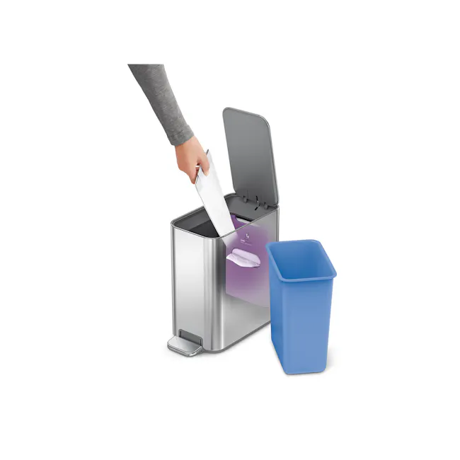 simplehuman 5L Slim Step Bin - Brushed - 6 - silverware, trash can, open lid, person's hand, silverware collection