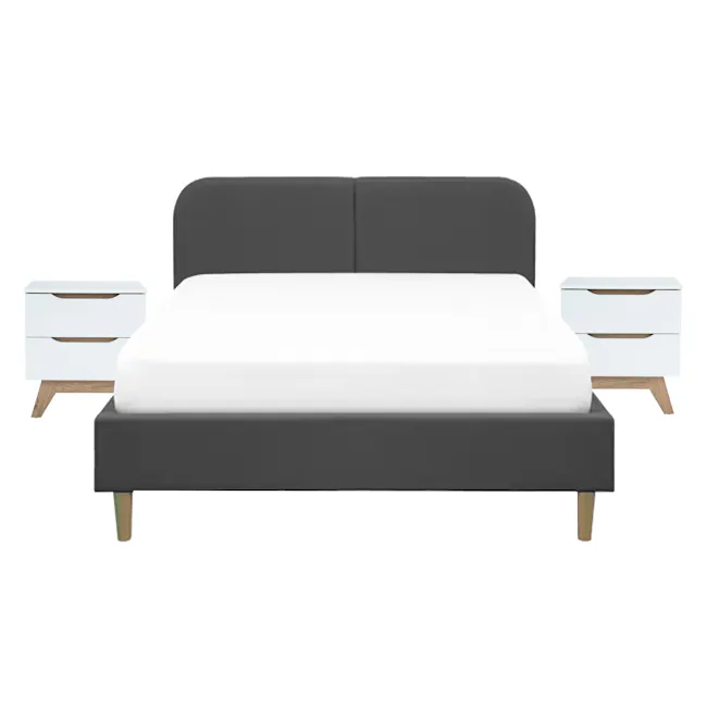 Nolan King Bed in Hailstorm with 2 Miah Bedside Table in White - 1 - Modern minimalist bedroom, sleek black and white bed