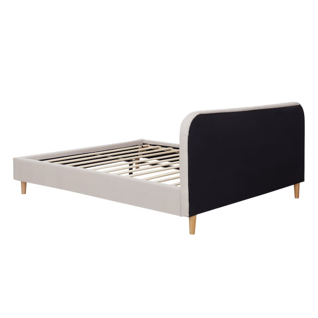 Nolan King Bed in Oatmeal with 2 Miah Bedside Table in White - 6 - Modern minimalist bed frame, white and black color