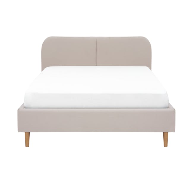 Nolan King Bed in Oatmeal with 2 Miah Bedside Table in White - 8 - Modern minimalist bed with beige upholstered headboard