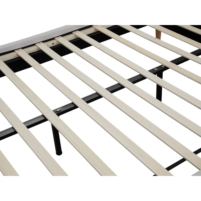 Nolan King Bed in Oatmeal with 2 Miah Bedside Table in White - 10 - Wooden slats, black metal frame, wooden plank