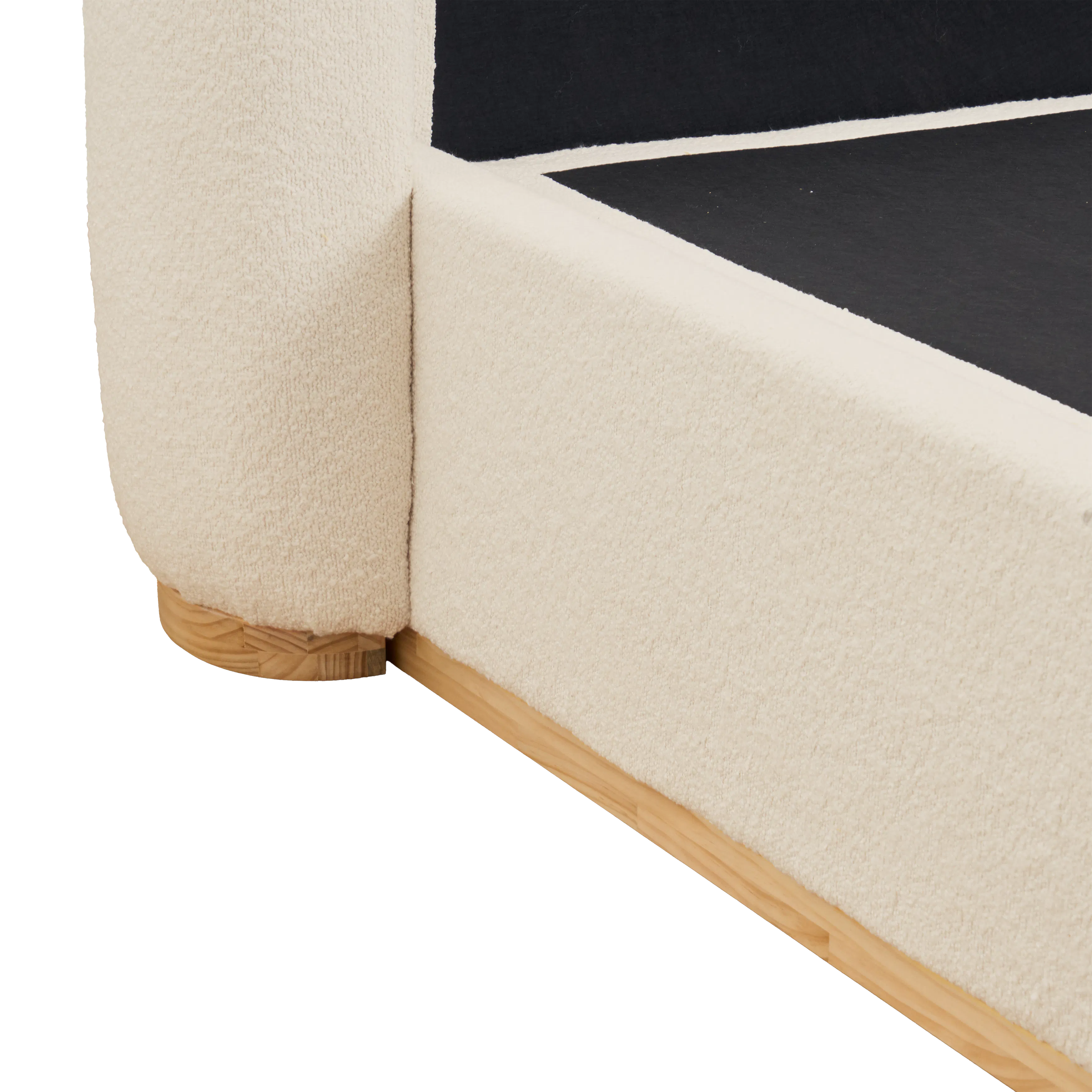 Nova Queen Storage Bed - Ivory Boucle - 12 - Cream-colored, plush, textured carpet, black sofa, wooden base, corner of sofa