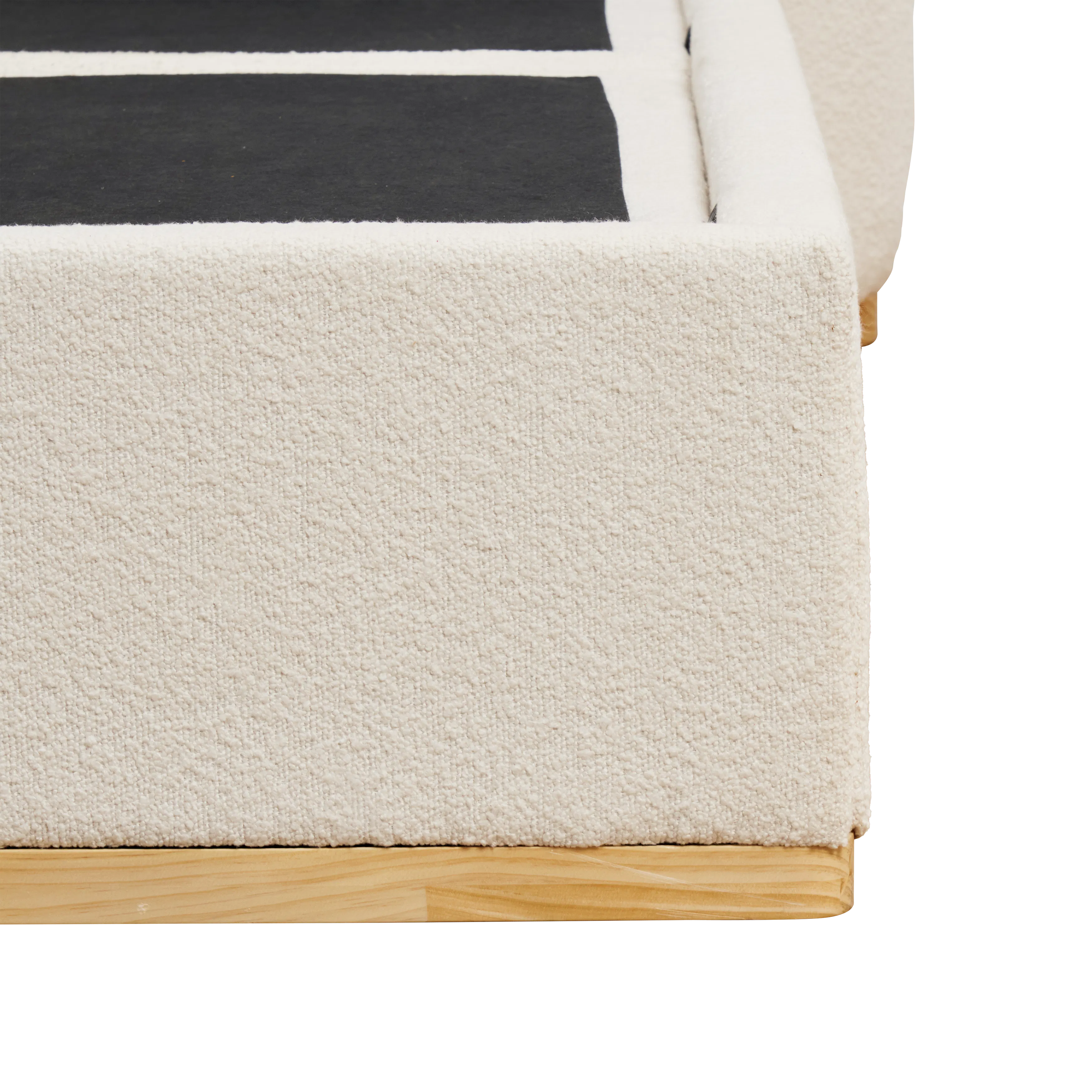 Nova Queen Storage Bed - Ivory Boucle - 15 - Cream and black striped bedspread, white textured mattress, wooden floor