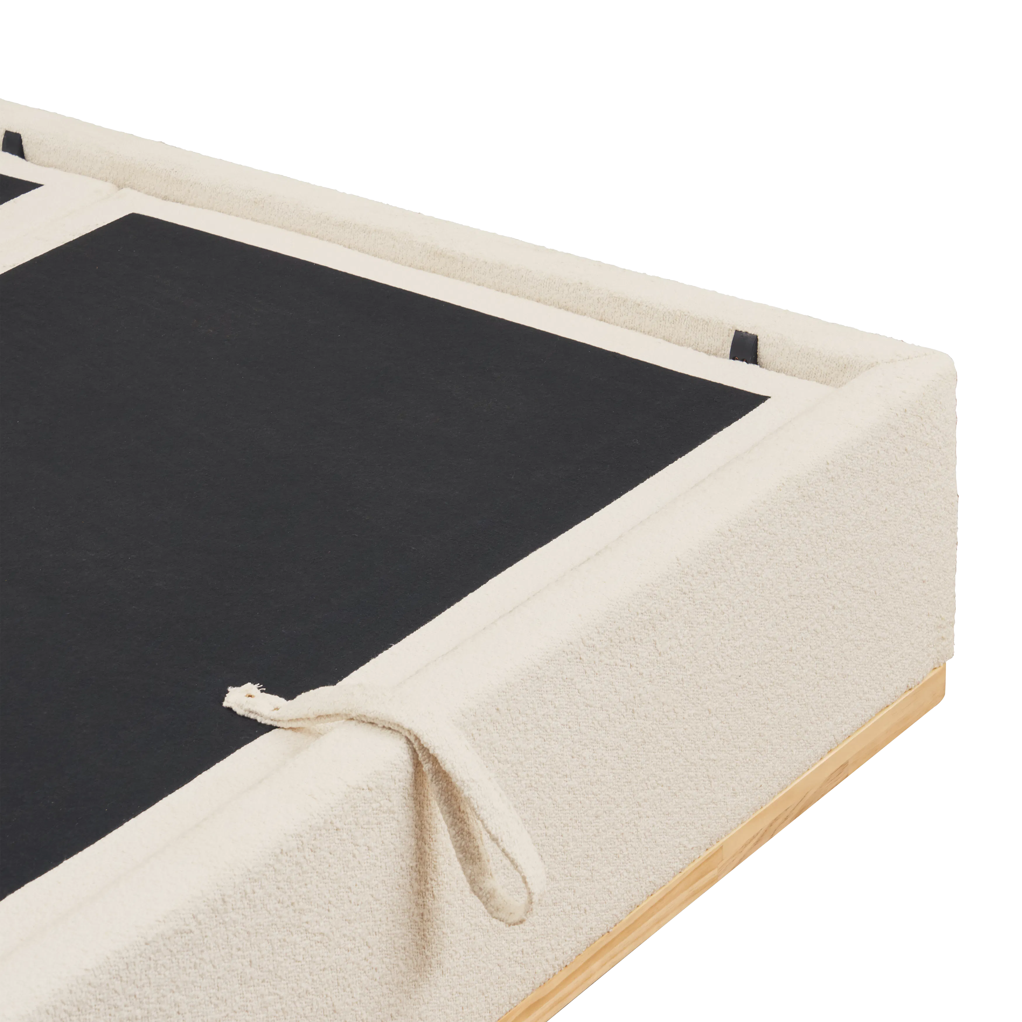 Nova Queen Storage Bed - Ivory Boucle - 13 - Cream-colored, plush, textured carpet with black border, beige wooden frame