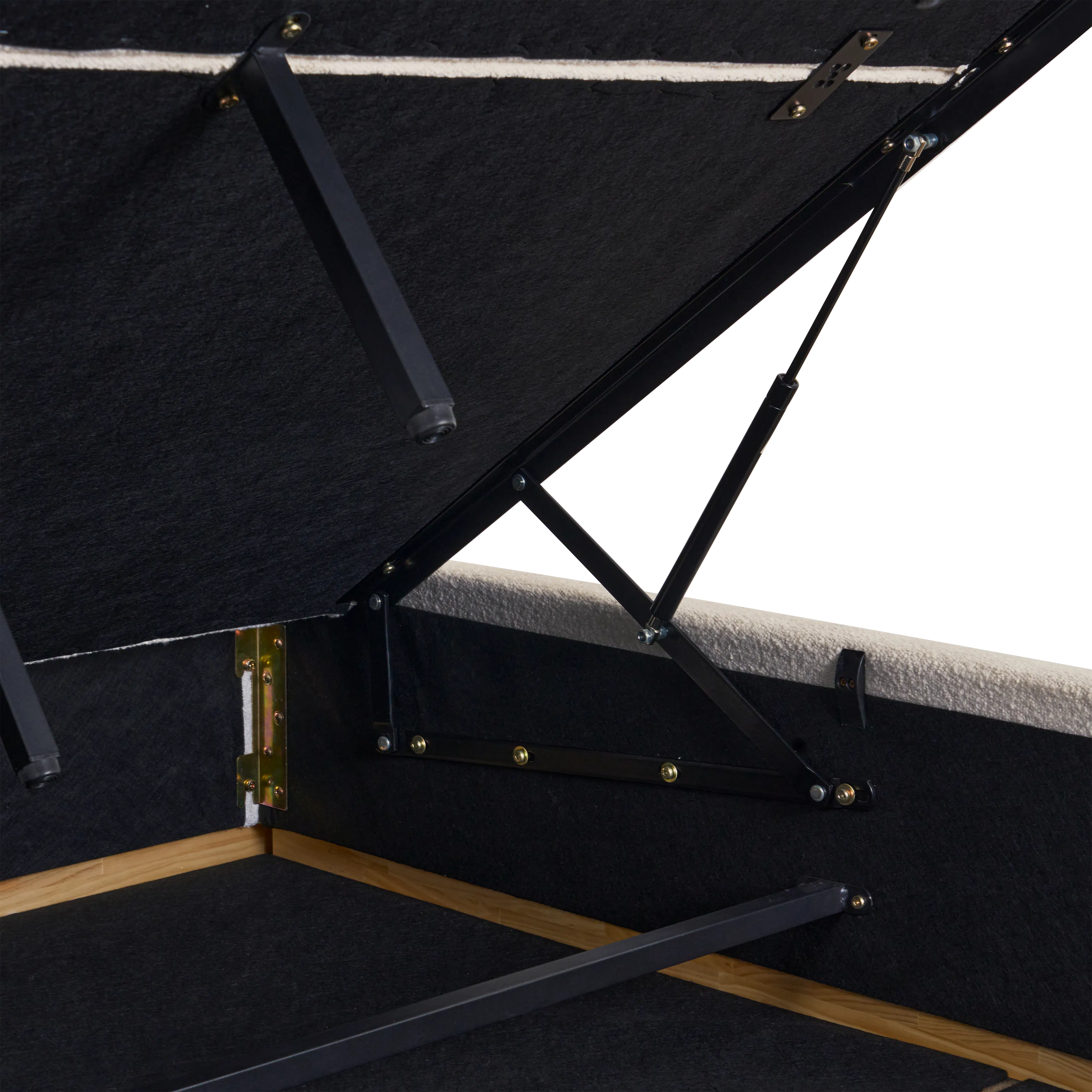 Nova Queen Storage Bed - Ivory Boucle - 14 - Black fabric, metal frame, angled structure, black and gold accents, wooden