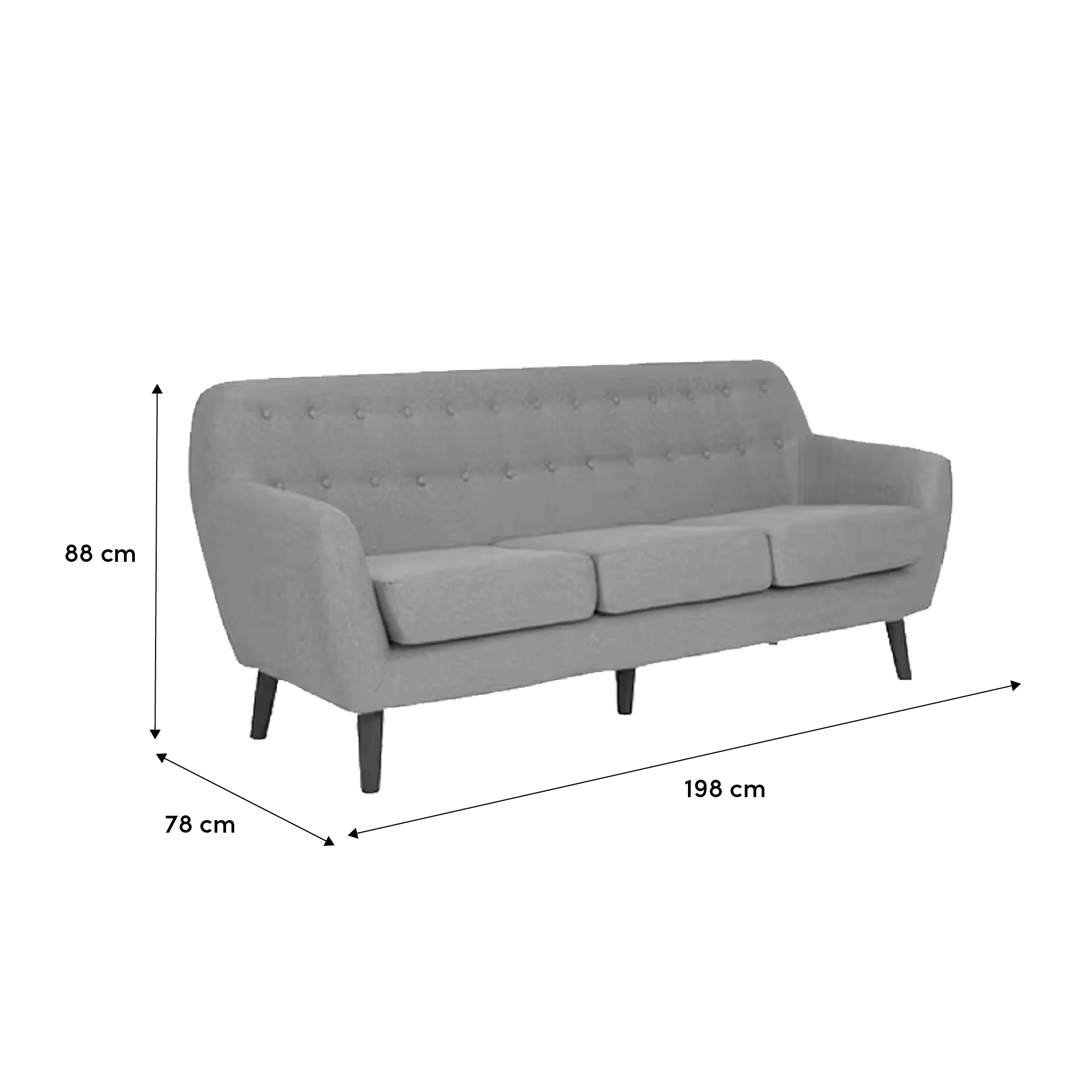 Emma 3 Seater Sofa - Dusk Blue - 9 - Modern gray upholstered sofa, 88 cm height, 78 cm seat width, 198 cm total length, 4