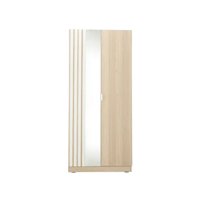 Costas 2 Door Wardrobe with Mirror - 1 - Wooden wardrobe with vertical slats, light wood finish, minimalist design, modern