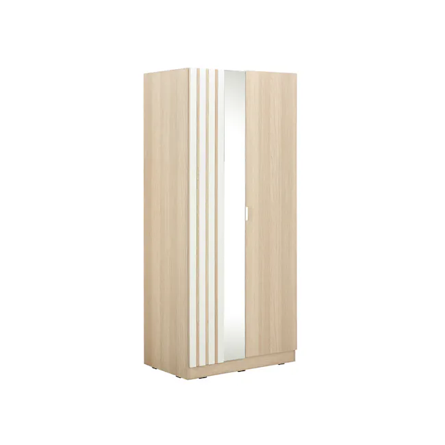 Costas 2 Door Wardrobe with Mirror - 4 - Wooden wardrobe with vertical slats, minimalist design, light wood finish, sleek