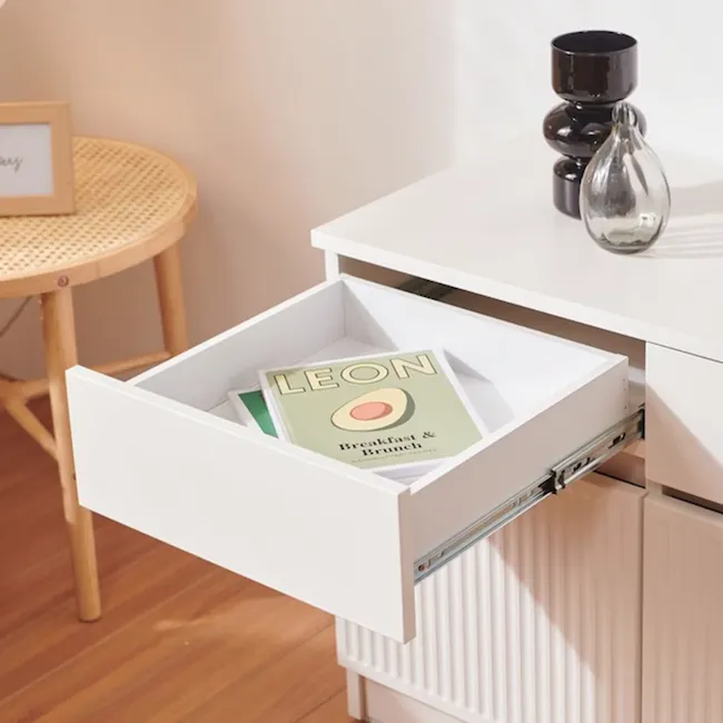 Wynn TV Console 1.8m - White - 5 - White drawer, open, neatly organized, minimalist design, wooden floor, small round table