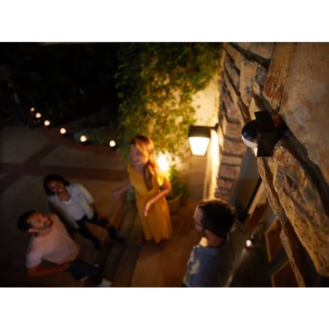 Philips Hue Outdoor Motion Sensor - 3 - Group of friends gathered outside, smiling and laughing, warmly illuminated by a