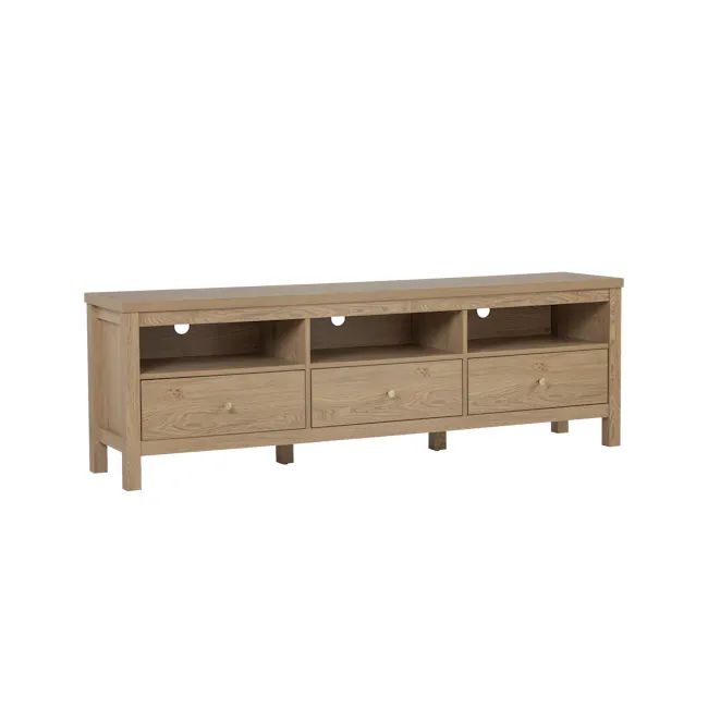 Rhodes TV Console 1.8m - 3 - Wooden sideboard, light wood finish, minimalist design, three drawers, two shelves, open