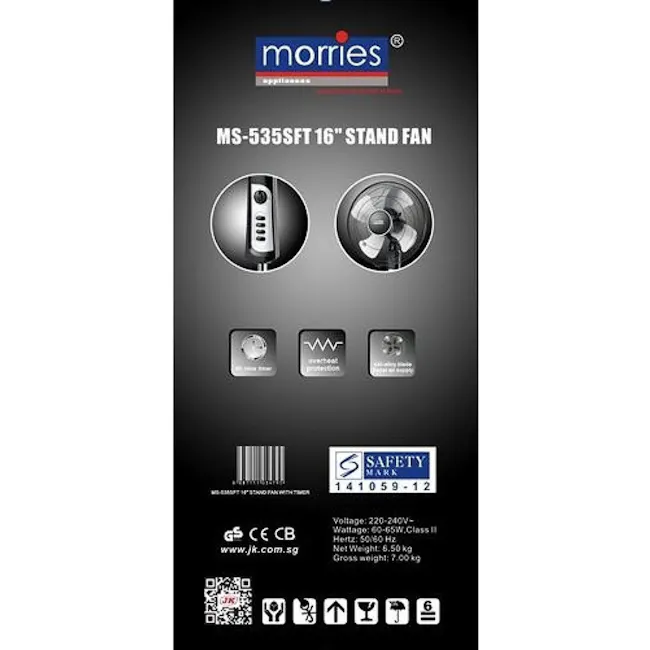 MORRIES 16 Inch Stand Fan with 60 Minutes Timer - 6 - MS-535SFT 16" STAND FAN, Morries stand fan, safety mark, 220-240V
