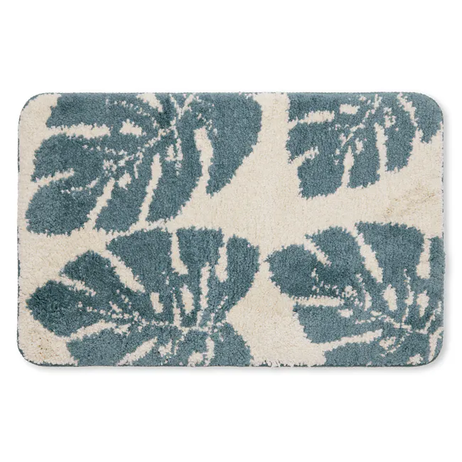 Tropical Floor Mat - Monstera - 1 - Rug with blue and white leaf pattern, rectangular shape, soft texture, plush material