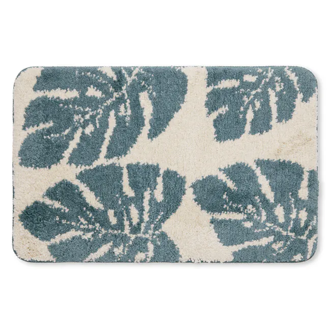 Tropical Floor Mat - Monstera - 1 - Rug with blue and white leaf pattern, rectangular shape, soft texture, plush material