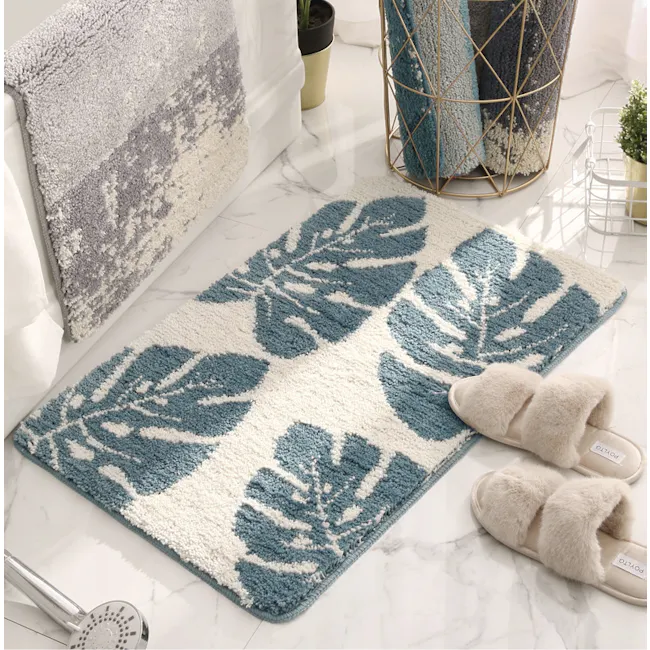 Tropical Floor Mat - Monstera - 5 - Floral-patterned bath mat, beige slippers, modern bathroom decor, white marble floor