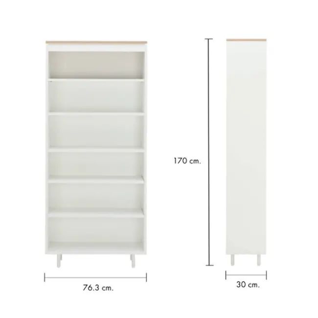 Madeline Open Shelf 0.7m - 4 - White shelving unit, 170 cm height, 3 cm width, 30 cm depth, 3 shelves, 2 drawers, 2 hooks, 2