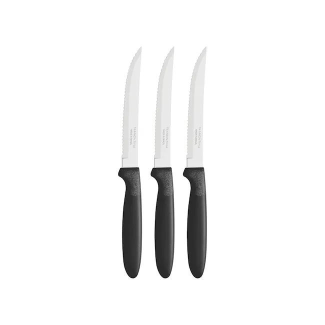 Ipanema 3-Pc Dinner Knife Set - 1 - Stainless steel kitchen knives with black handles and textured grips, Dual-blade knives