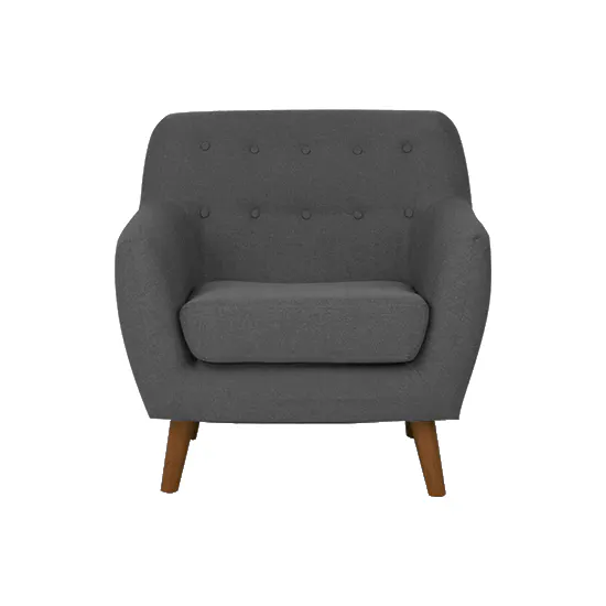 Emma 2 Seater Sofa with Emma Armchair - Raven - 12 - Grey upholstered armchair with tufted design, wooden legs, minimalist