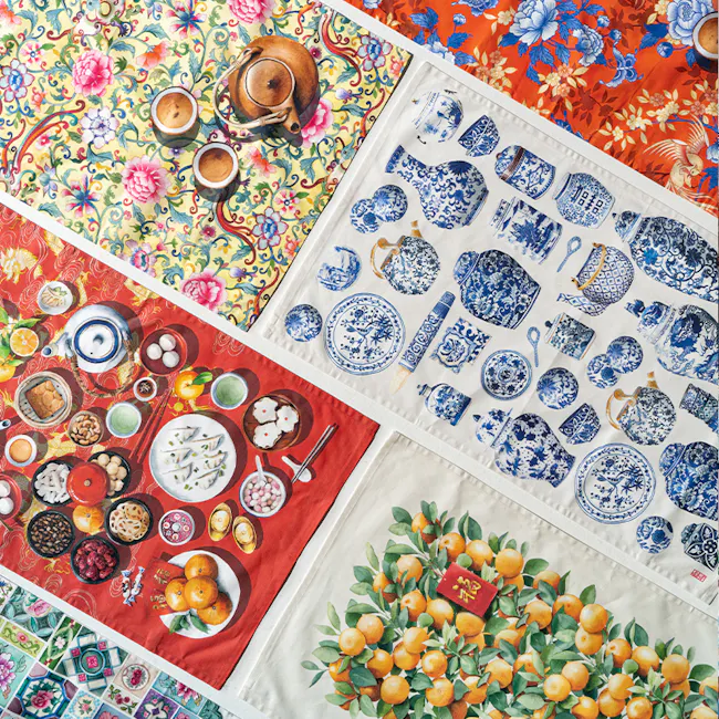 Singlapa Blue Porcelain Tea Towel - 5 - Floral tablecloth, tea set, vibrant colors, tea cups, floral pattern, tea utensils