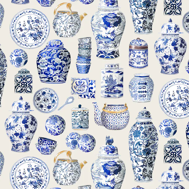 Singlapa Blue Porcelain Tea Towel - 3 - Blue and white porcelain vessels, intricate designs, traditional Chinese art