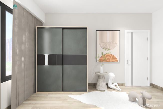 Lorren Sliding Door Wardrobe 3 with Glass Panel - Graphite Linen, Herringbone Oak - 2