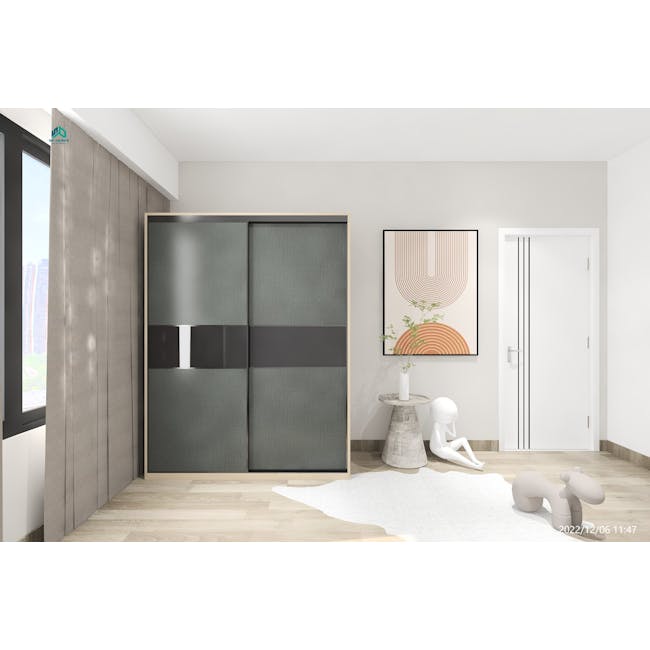 Lorren Sliding Door Wardrobe 3 with Glass Panel - Graphite Linen, Herringbone Oak - 2