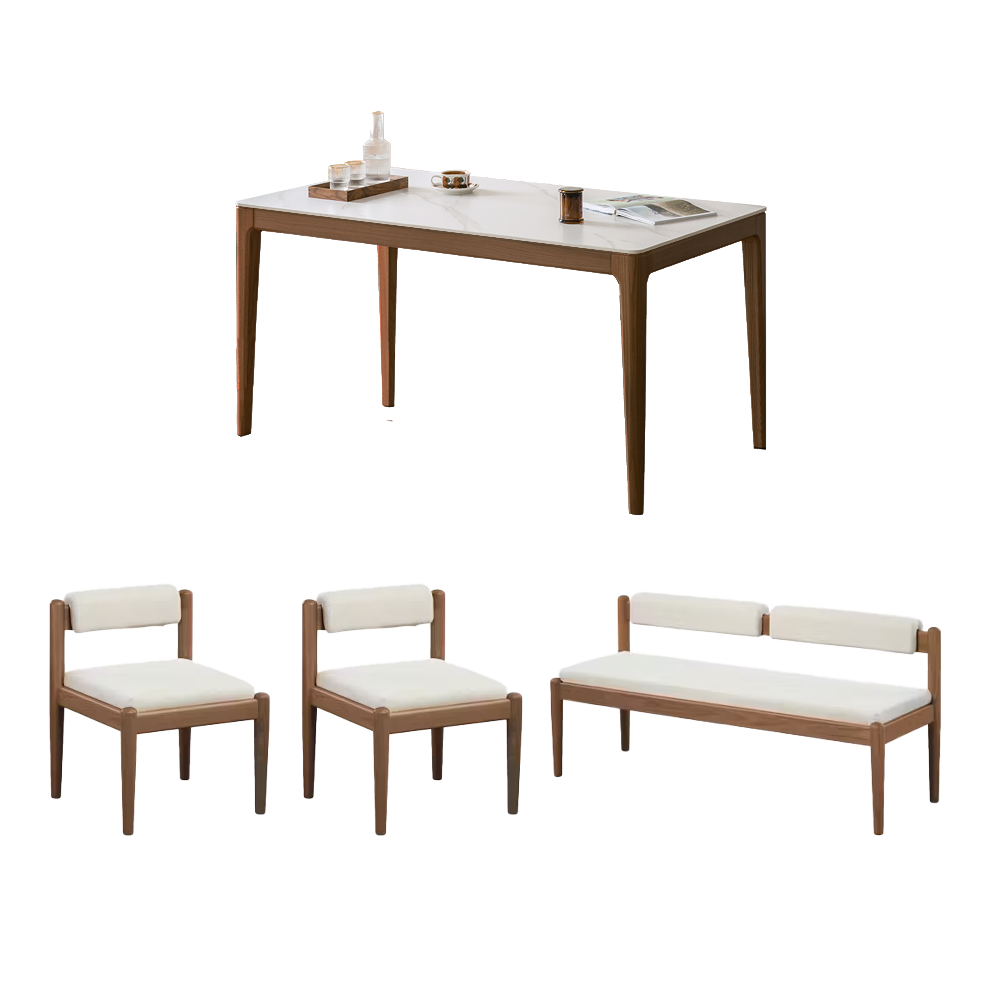 Adelyn Dining Table 1.6m (Sintered Stone) with 2 Niel Chairs and Niel Bench 1.45m in Walnut