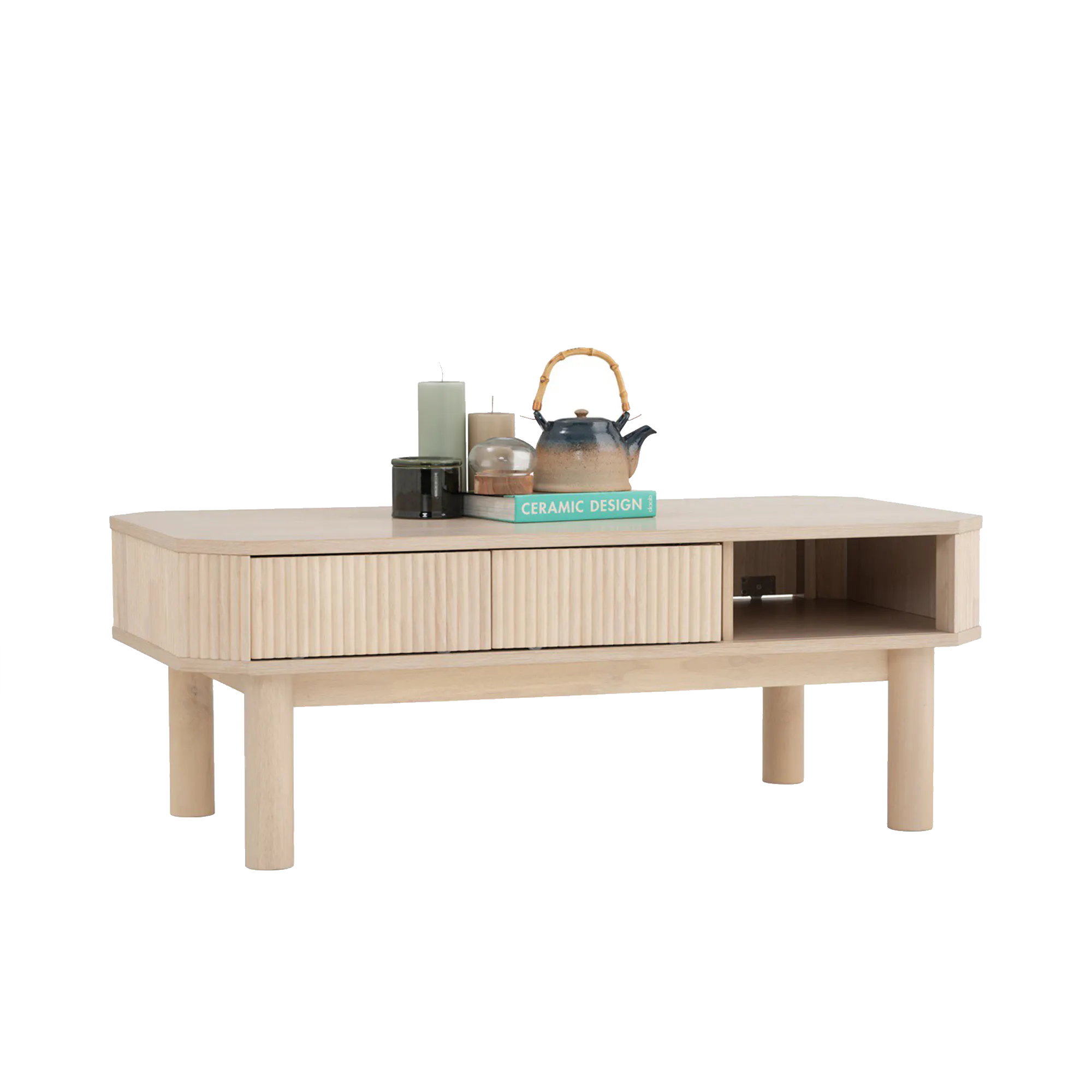 Claire Single Drawer Coffee Table 1.2m - 19 - Light wood table, minimalist design, modern decor, ceramic teapot, green