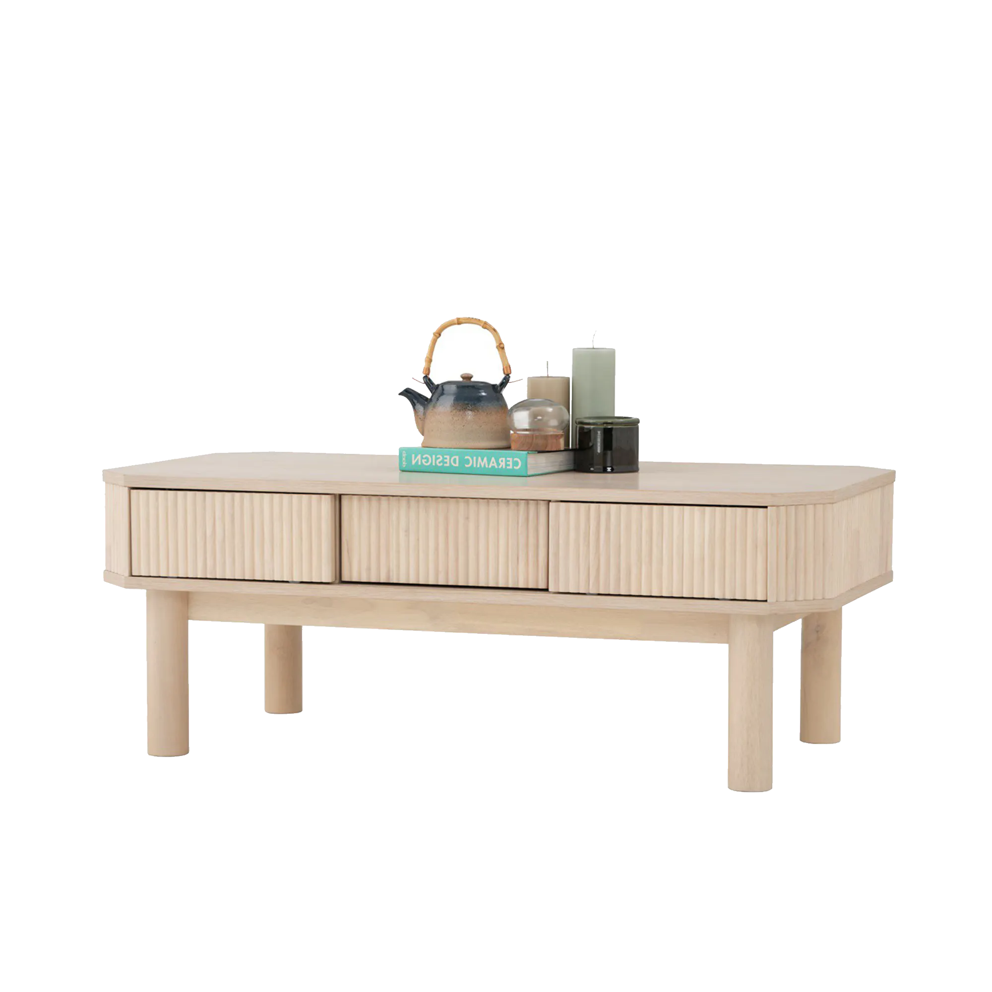Claire Single Drawer Coffee Table 1.2m - 26 - Light wood side table, minimalist design, light beige color, vertical slats