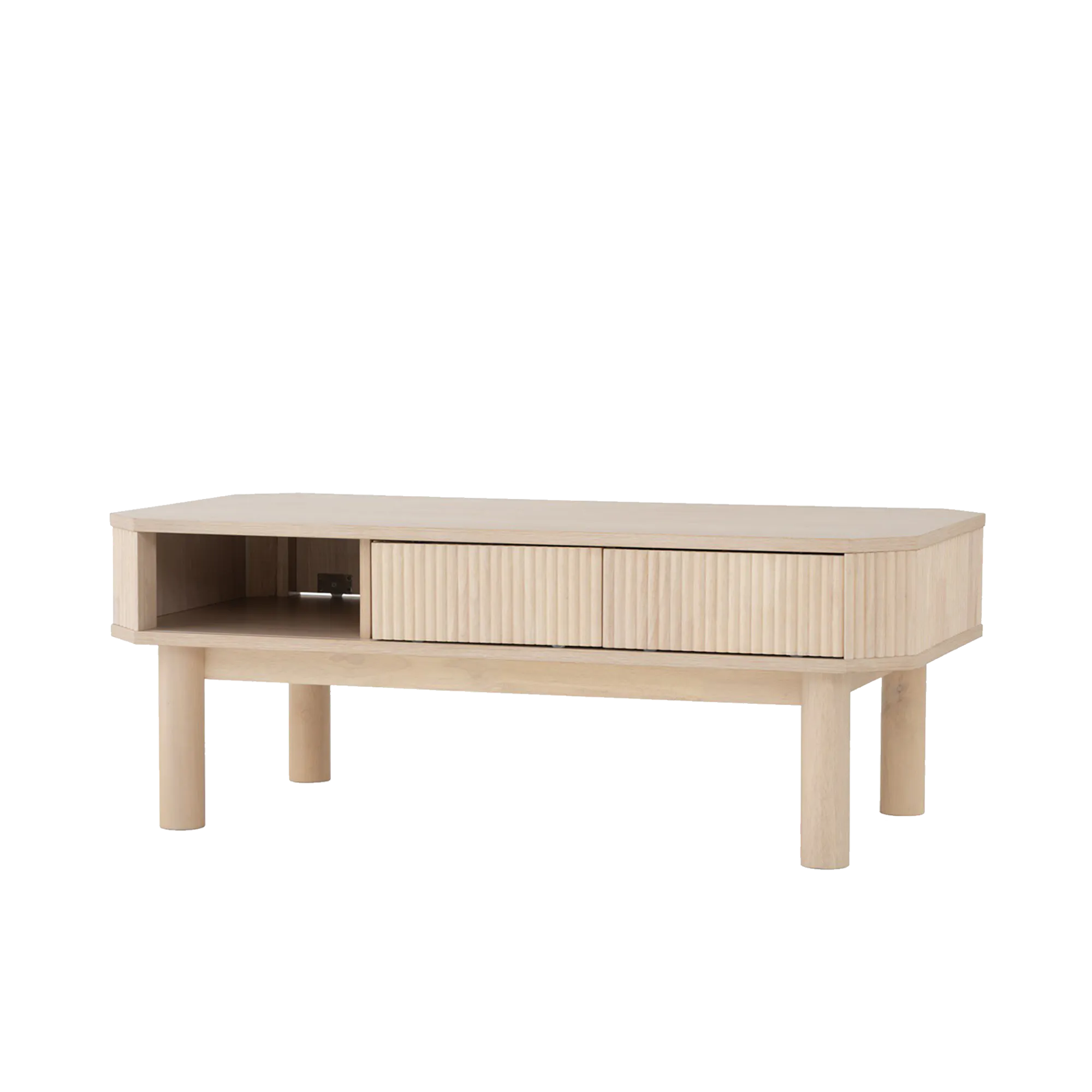 Claire Single Drawer Coffee Table 1.2m - 13 - Light wood table, minimalist design, vertical slats, light beige finish