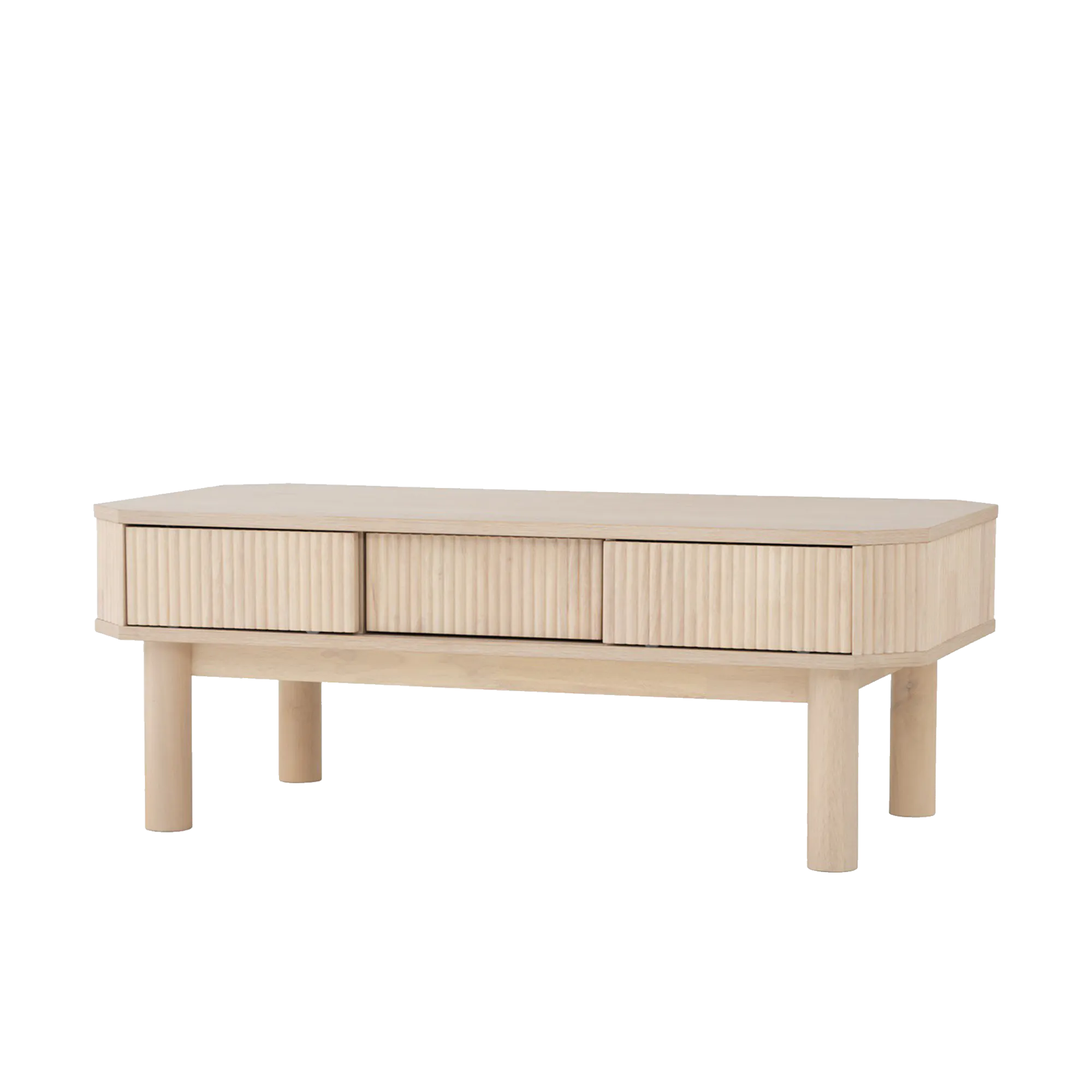 Claire Single Drawer Coffee Table 1.2m - 17 - Light wood table with drawers, minimalist design, vertical slats background