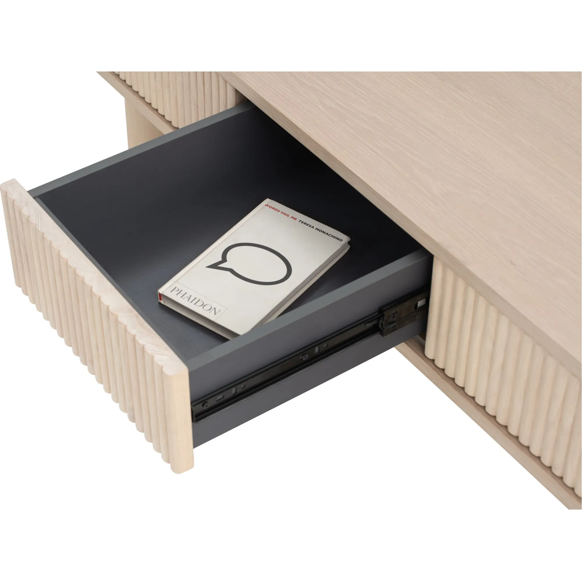Claire Single Drawer Coffee Table 1.2m - 23 - Wooden drawer, open drawer, book on shelf, minimalist design, wooden frame