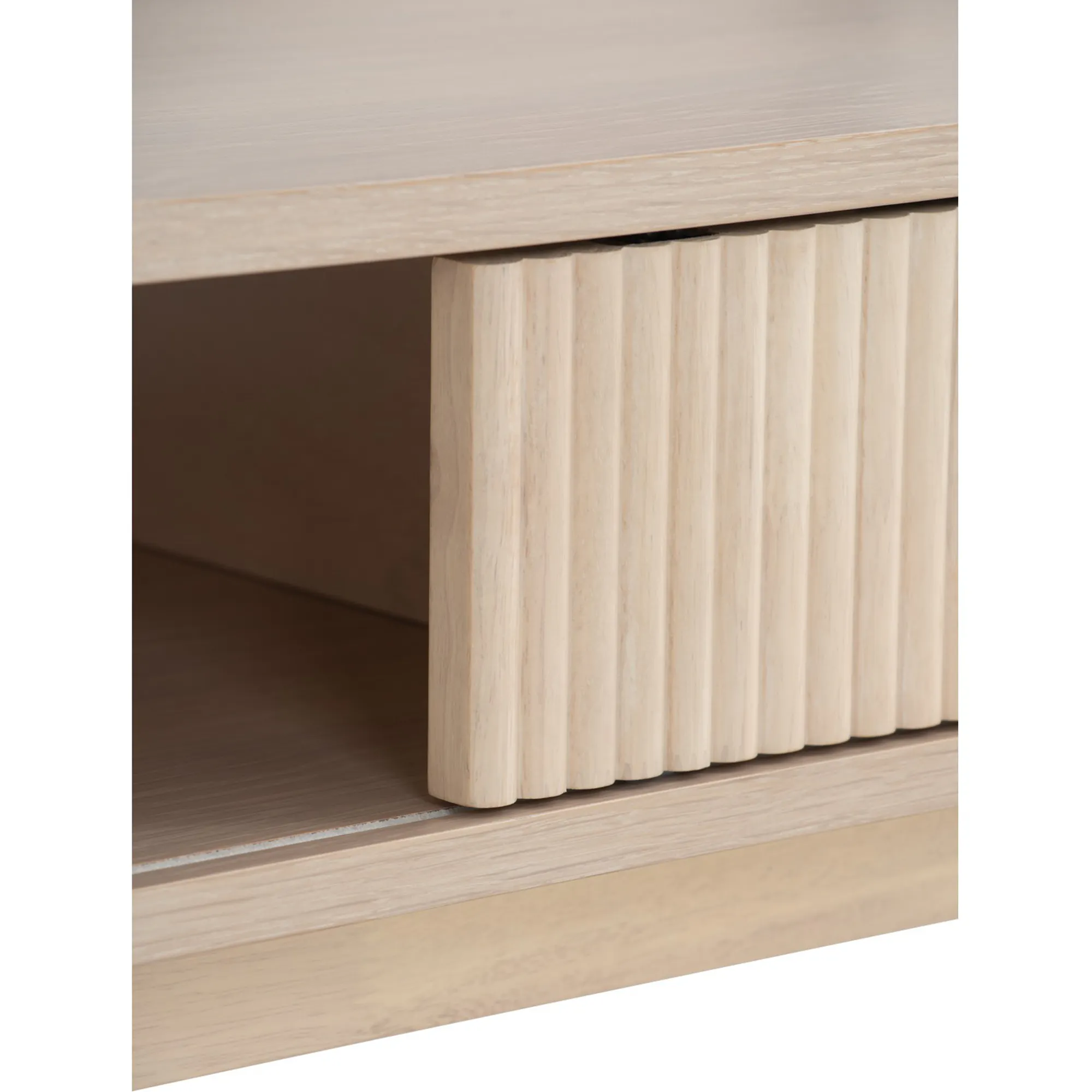 Claire Single Drawer Coffee Table 1.2m - 11 - Light wood shelf, vertical slats, minimalist design, natural wood grain, soft