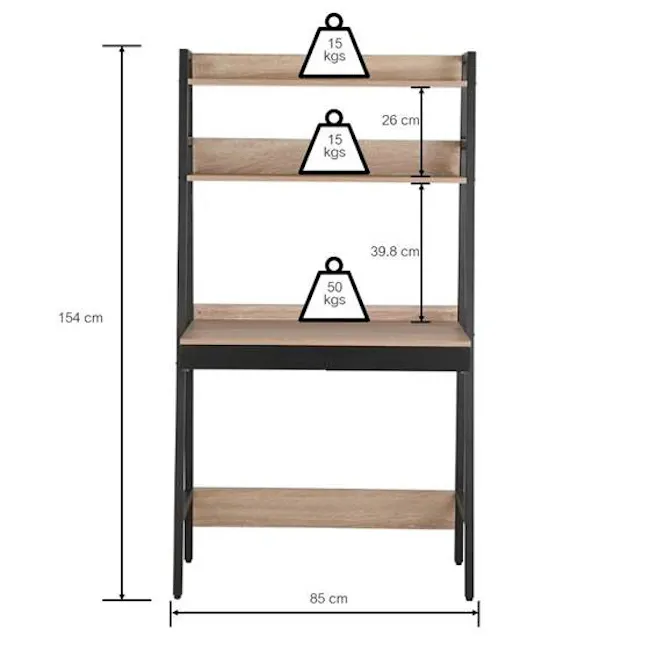 Vivian Study Table 0.8m - 9 - Wooden shelf, 15 kg capacity, 26 cm height, 8 cm depth, 154 cm total height, 85 cm width, 15