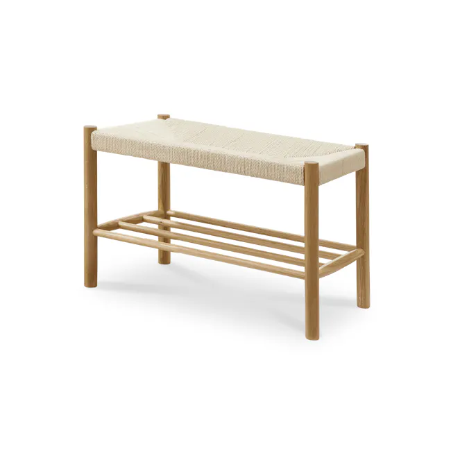 Anakie Bench 0.7m - Oak - 1 - Wooden bench with woven seat, minimalist design, natural wood finish, light beige cushion
